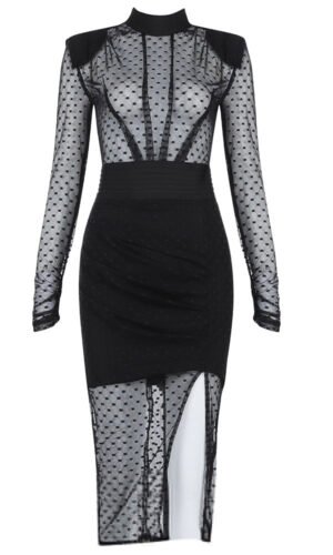 Sheena Black Polka Dot Long Sleeve Mesh Midi Dress