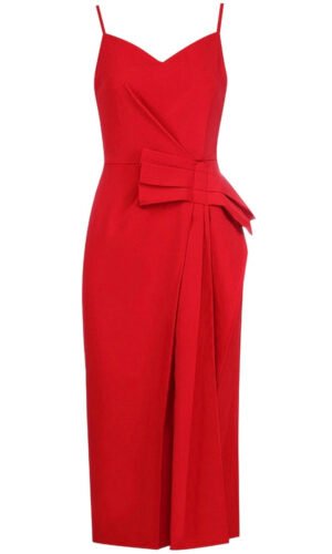 Lorna Red Draped Detail Midi Strap Dress
