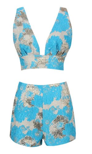 Noelle Blue Jacquard V Neckline Shorts Suit