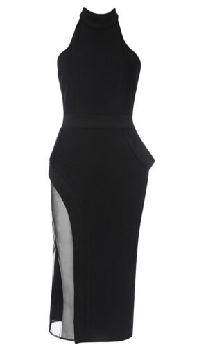 Melody Black Halter Sleeveless Mesh Panel Side Midi Dress