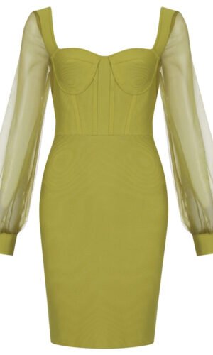 Faith Green Mesh Puff Long Sleeve Mini Dress