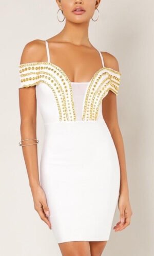 Malysa White Mini Metal Studded Bandage Dress