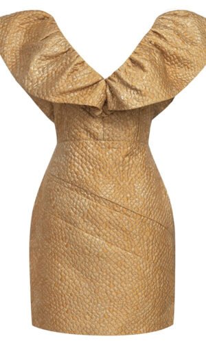 Michaela Gold Ruffle Sleeve Sparkly Mini Dress with Lace Up Back