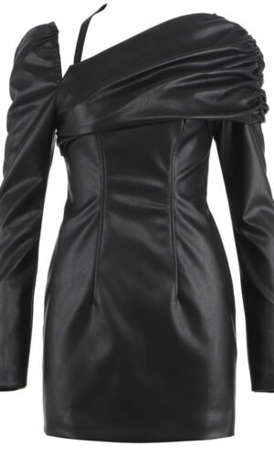 Ivy Black Draped Faux Leather Mini Dress