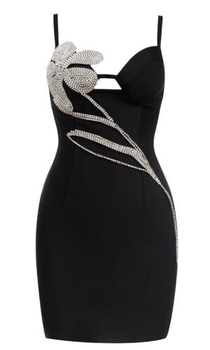Reese Black Mini Spaghetti Strap Rhinestone Flower Dress