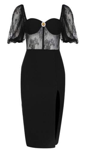 Maude Black Short Puff Sleeve Midi Dress with Lace Details