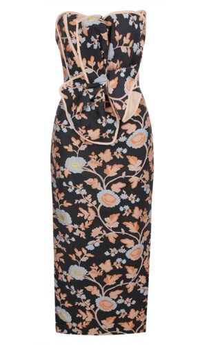 Kate Strapless Black Floral Corset Draped Midi Dress