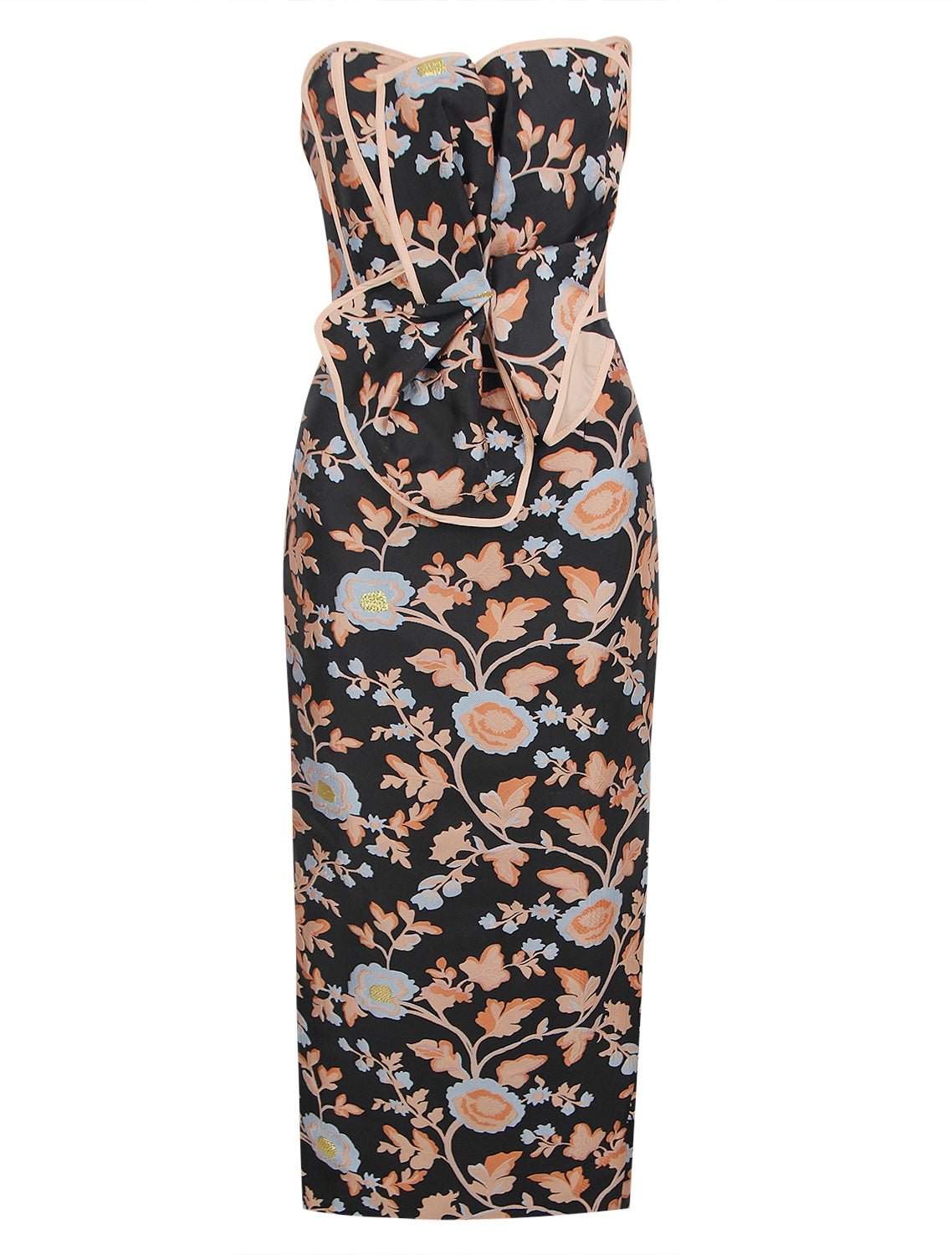 Kate Strapless Black Floral Corset Draped Midi Dress