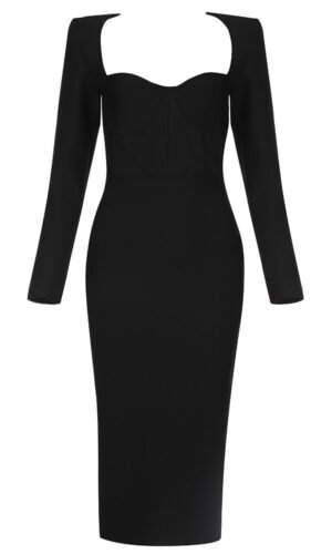 Adele Black Sweetheart Long Sleeve Midi Dress