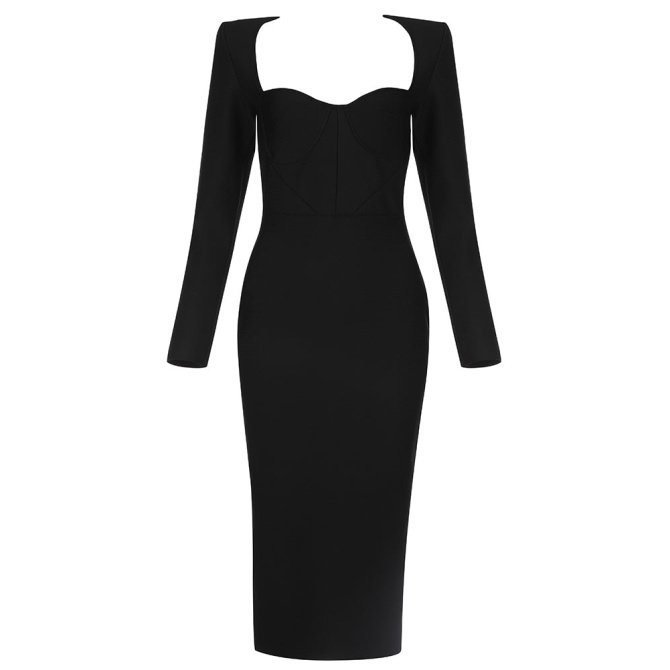 Adele Black Sweetheart Long Sleeve Midi Dress