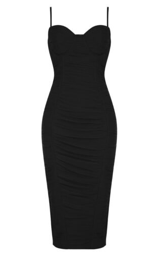 Everleigh Black Bustier Ruched Midi Dress