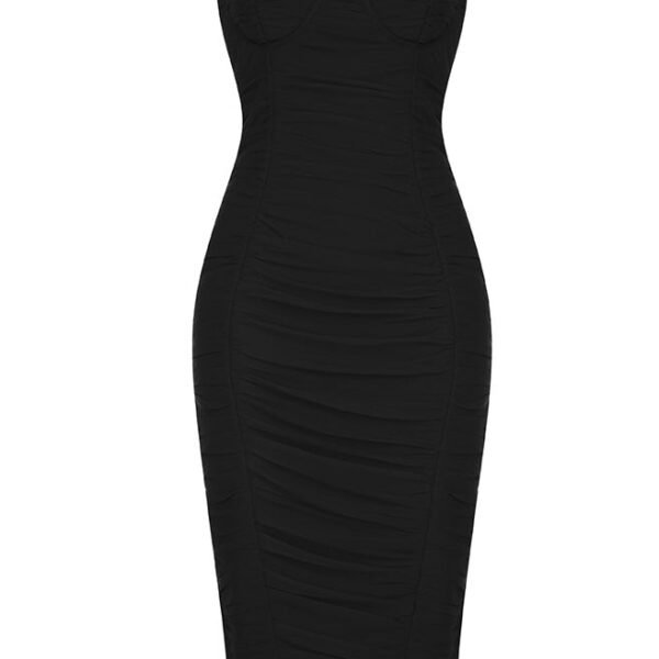 Everleigh Black Bustier Ruched Midi Dress