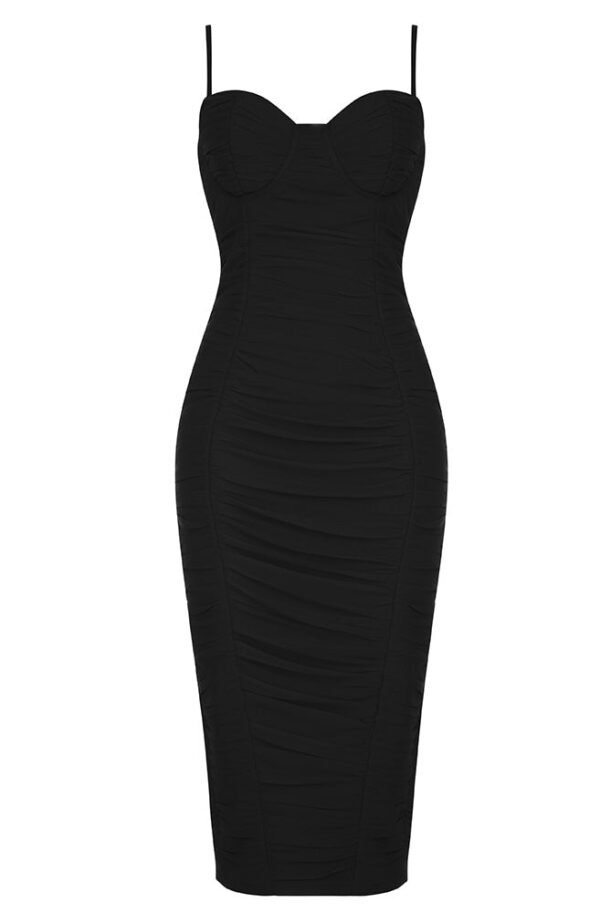 Everleigh Black Bustier Ruched Midi Dress