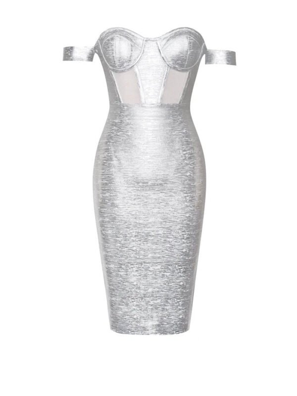 Davina Sliver Off Shoulder Midi Bandage Dress - Image 2