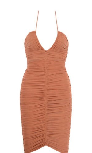 Everly Brown Ruched Mesh Midi Dress