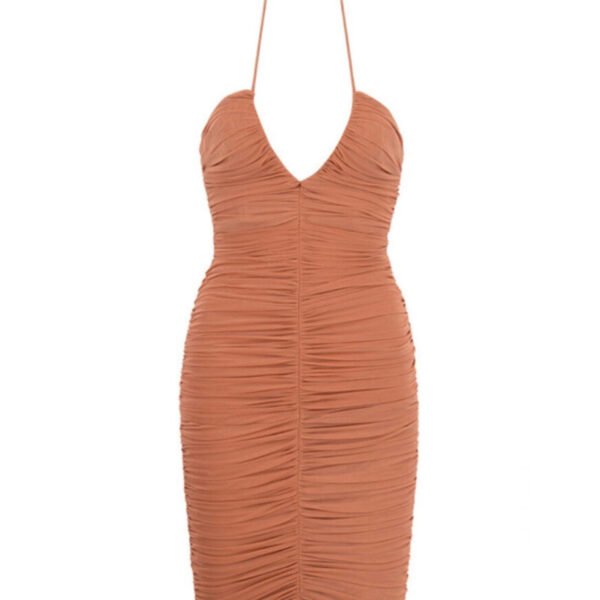 Everly Brown Ruched Mesh Midi Dress