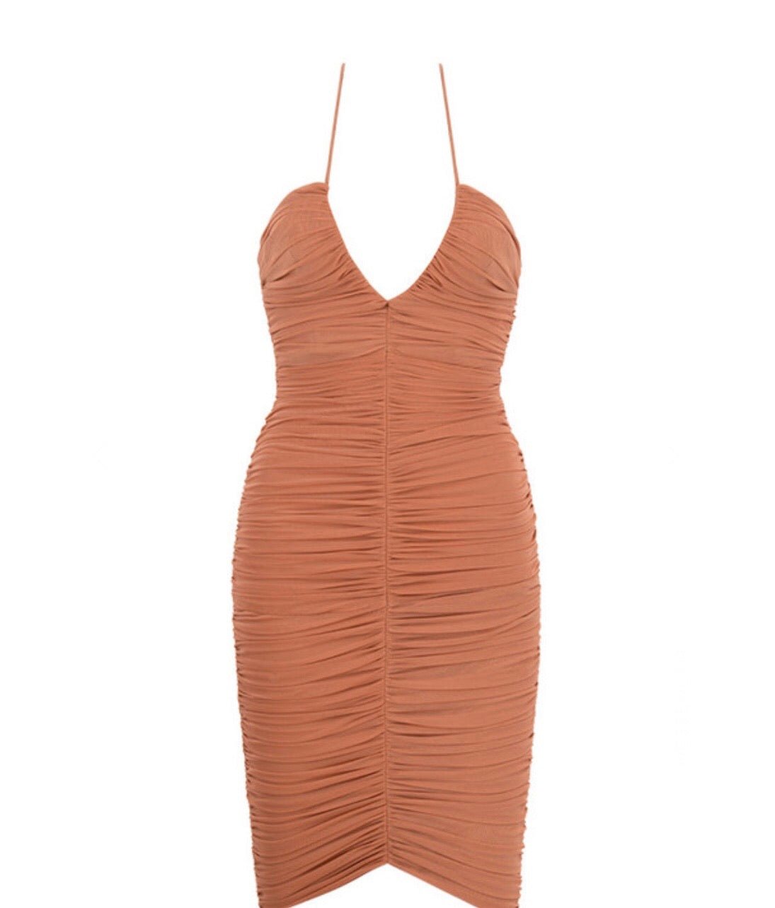 Everly Brown Ruched Mesh Midi Dress