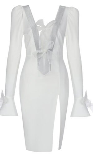 Meara White Long Sleeve V-Neck Midi Dress with Silver Trim