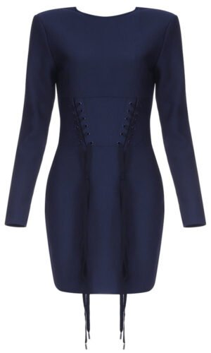 Layla Navy Blue Long Sleeve Lace Up Detail Mini Dress