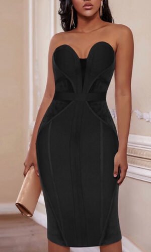 Scarlette Black Strapless Striped Midi Bandage Dress