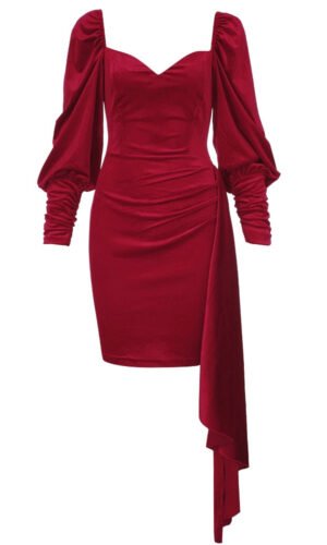 Maya Velvet Red Long Puff Sleeve Draped Mini Dress