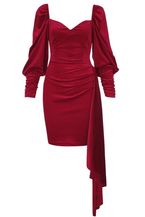 Maya Velvet Red Long Puff Sleeve Draped Mini Dress