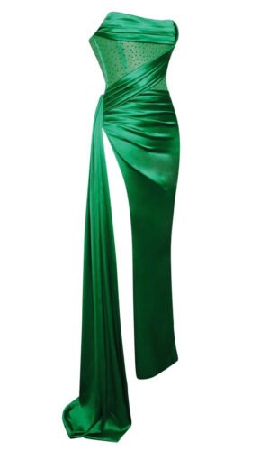 Olive Strapless Green Maxi Satin Dress with High Slit