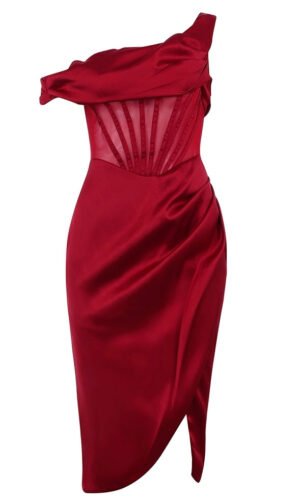 Ryann Red Off Shoulder Satin Midi Dress