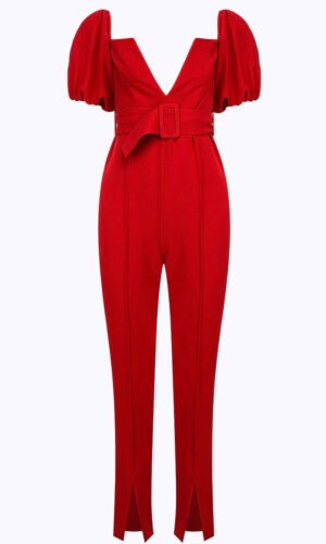 Journee V Neck Puff Sleeve Red Jumpsuit