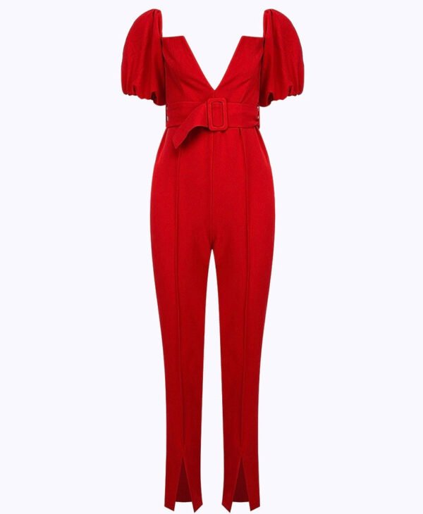 Journee V Neck Puff Sleeve Red Jumpsuit