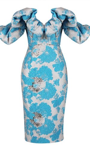 Leila Blue Mesh Sequined Off shoulder Midi Dress
