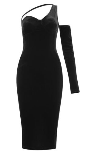 Elsie One Sleeve Bustier Velvet Midi Dress - Black