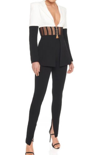 Janiyah Black V Neck Long Sleeve Mesh Striped Suit Set