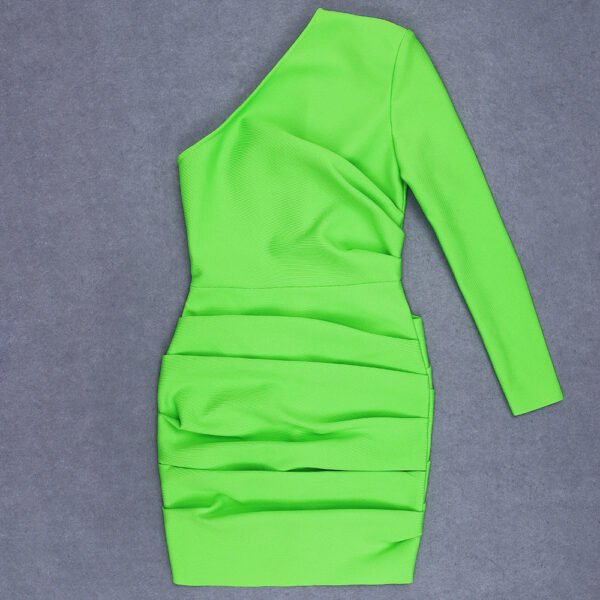 Finley One Sleeve Neon Green Ruched Dress - Image 3