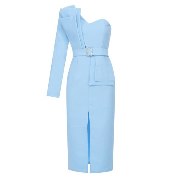 Kaylin One Sleeve Blue Asymmetrical Slit Over Knee Dress - Image 6