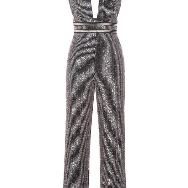 Emily Silver Black V Neck Sequined Jumpsuit