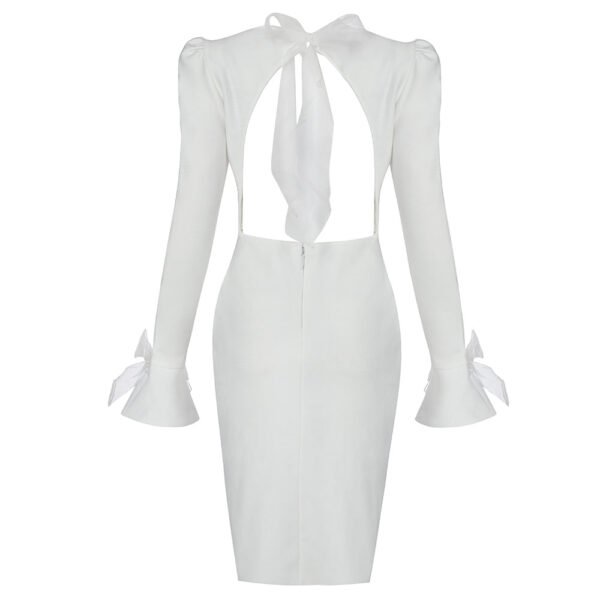 Meara White Long Sleeve V-Neck Midi Dress with Silver Trim - Image 2