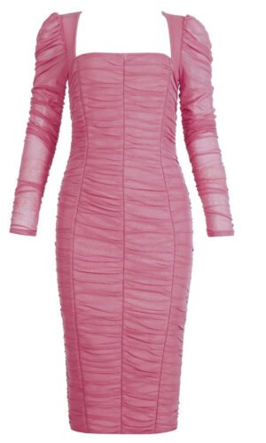 Mariana Pink Mesh Long Sleeve Draped Midi Dress