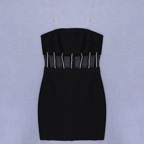 Naomi Black Spaghetti Strap Embellished Mini Dress with Mesh Insert - Image 4