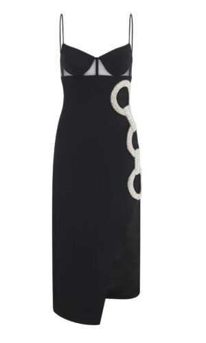 Olive Black Strap Bustier Rhinestone Side Midi Dress