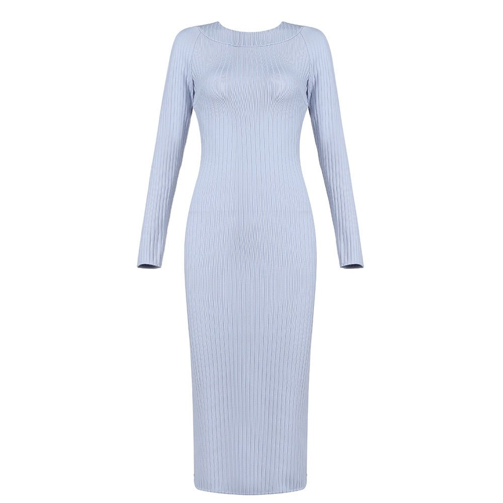 Lora Gray High Neck Long Sleeve Open Back Dress