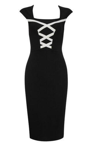Renata Black White Cap Sleeve Midi Dress