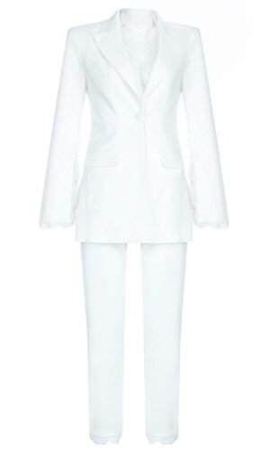 Hellena White V Neck Long Sleeve Pants Set With Lace
