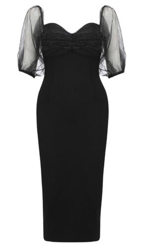 Georgia Black Sparkly Short Puff Sleeve Midi Dress