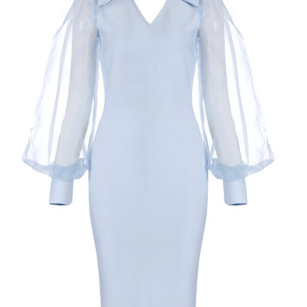 Evangeline Blue Mesh Puff Long Sleeve Midi Dress