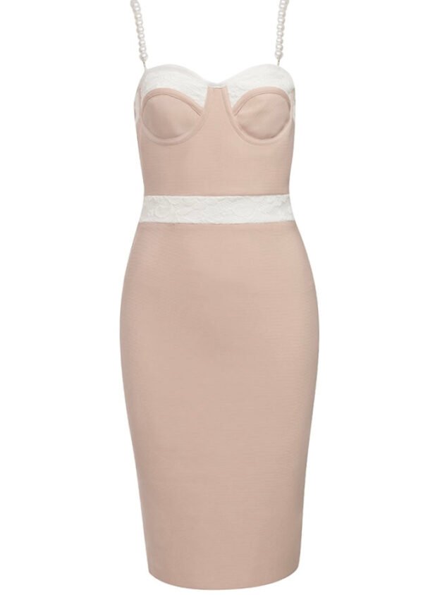 Cassandra Beige White Pearl Spaghetti Strap Midi Dress