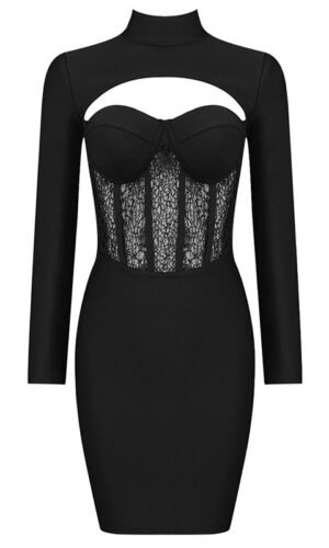 Charlie Black Long Sleeve Mini Bandage Dress with Lace Details