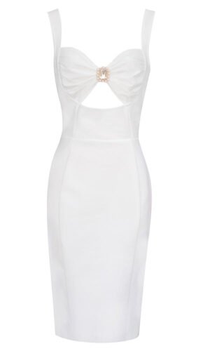 Oaklyn White Strap Midi Dress with Rhinestone Detail