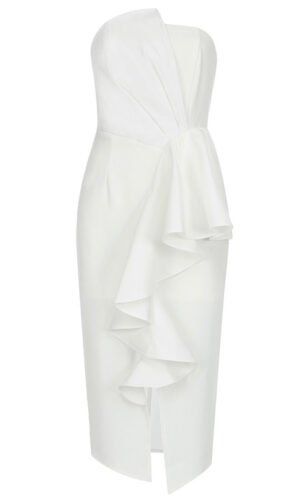 Kamilah White Strapless Midi Frill Slit Dress