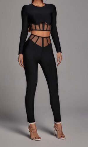 Beatrice Black Structured Long Sleeve Mesh Two Piece Jumpsuit